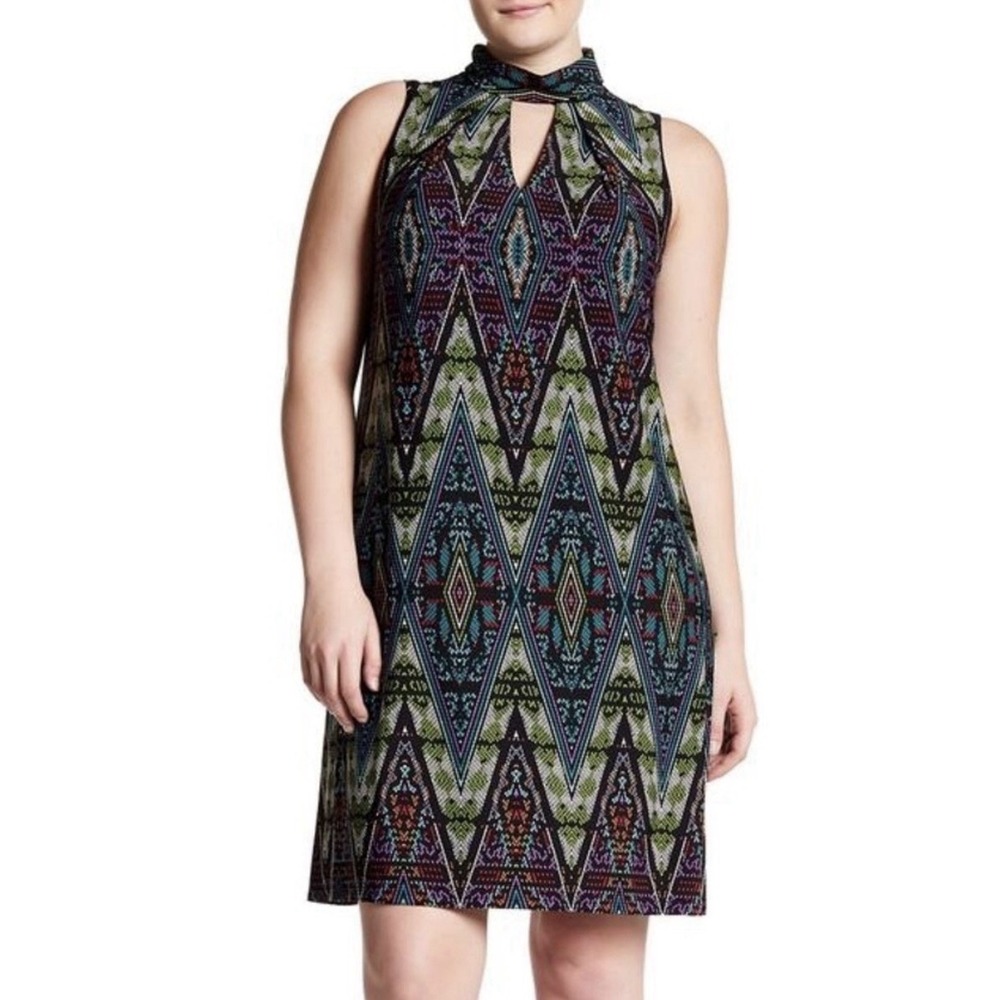 London Times Women's Keyhole Halter Neck Black Multicolored Pattern Dress Size 4